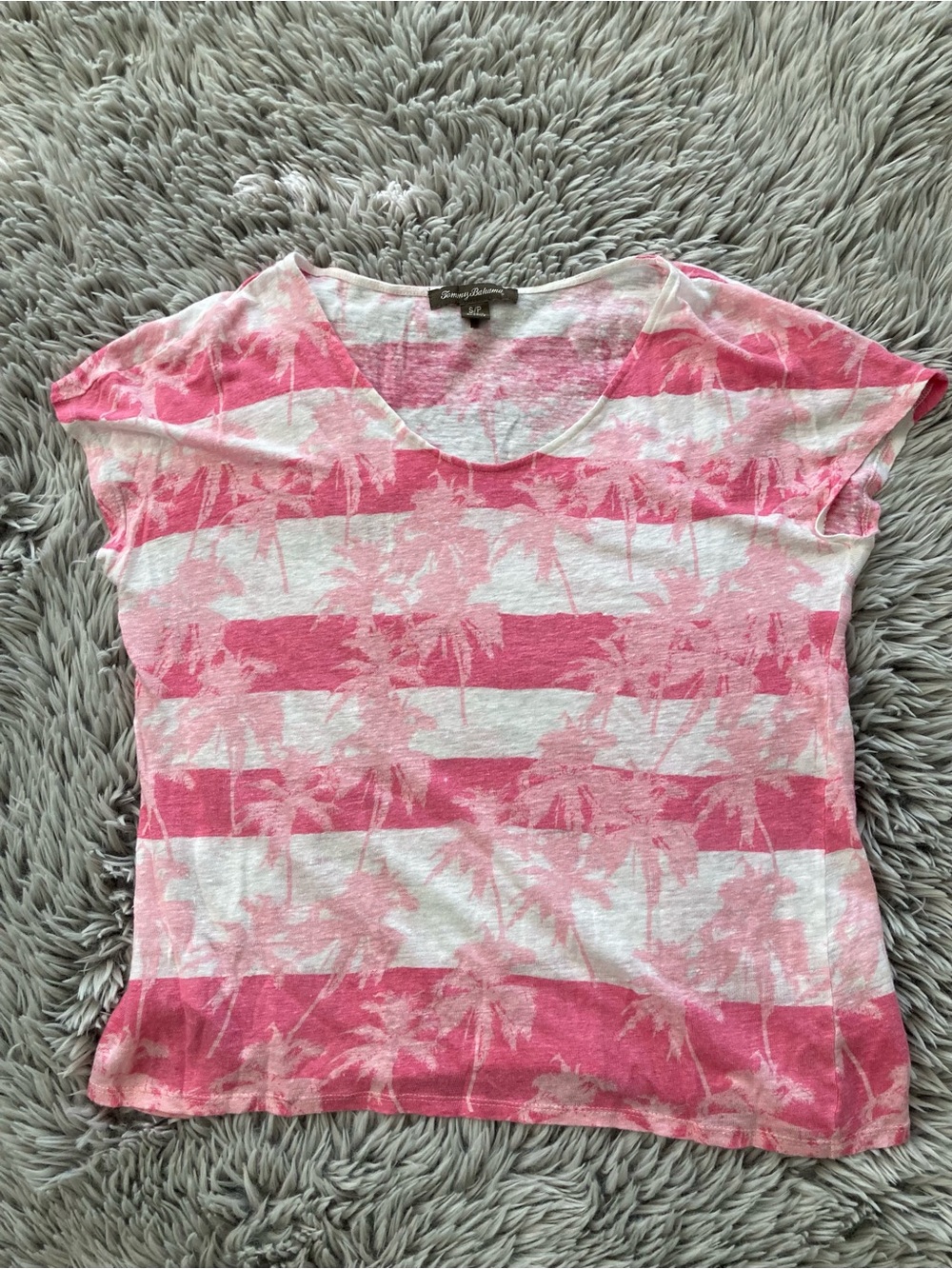 Tommy Bahama- Small- Linen Pink and White Palm-Stripe Short Sleeve Tee